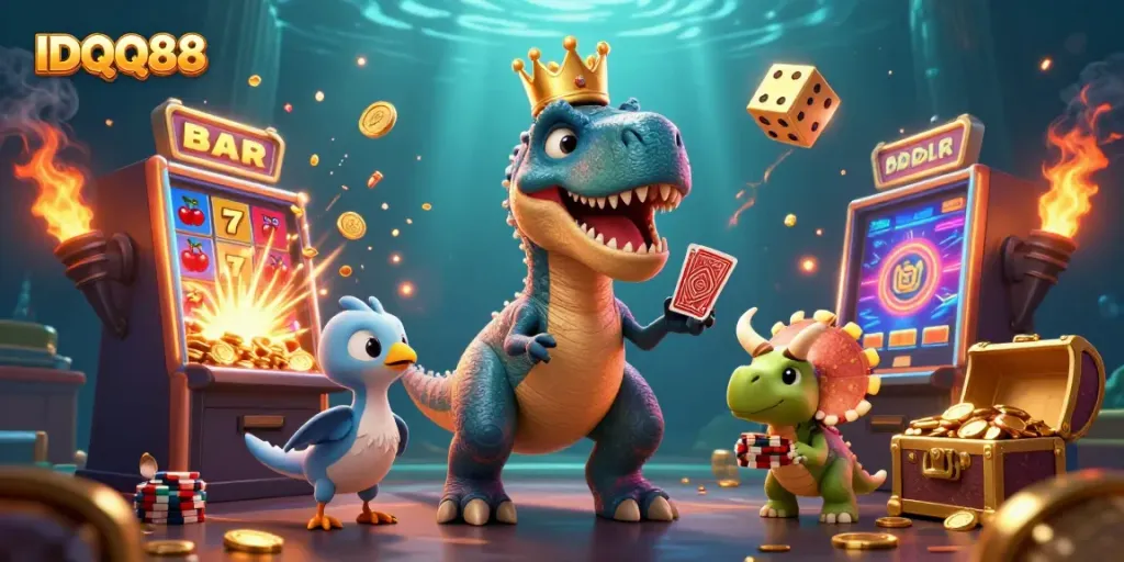 IDQQ88 showcases engaging gaming with T-Rex, pterodactyl, and triceratops in a lively casino scene.