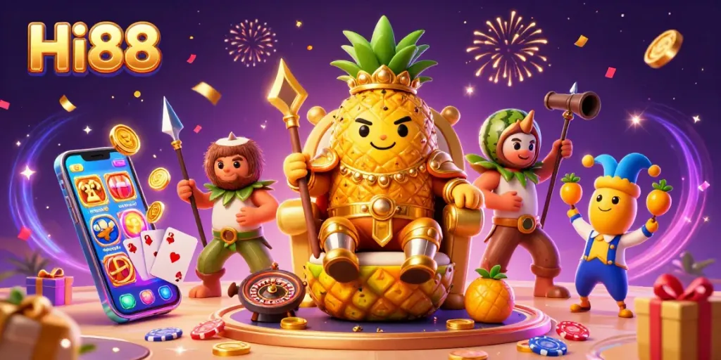 Engage with Hi88's vibrant, ultra-detailed casino realm featuring a pineapple king and dynamic gaming elements.