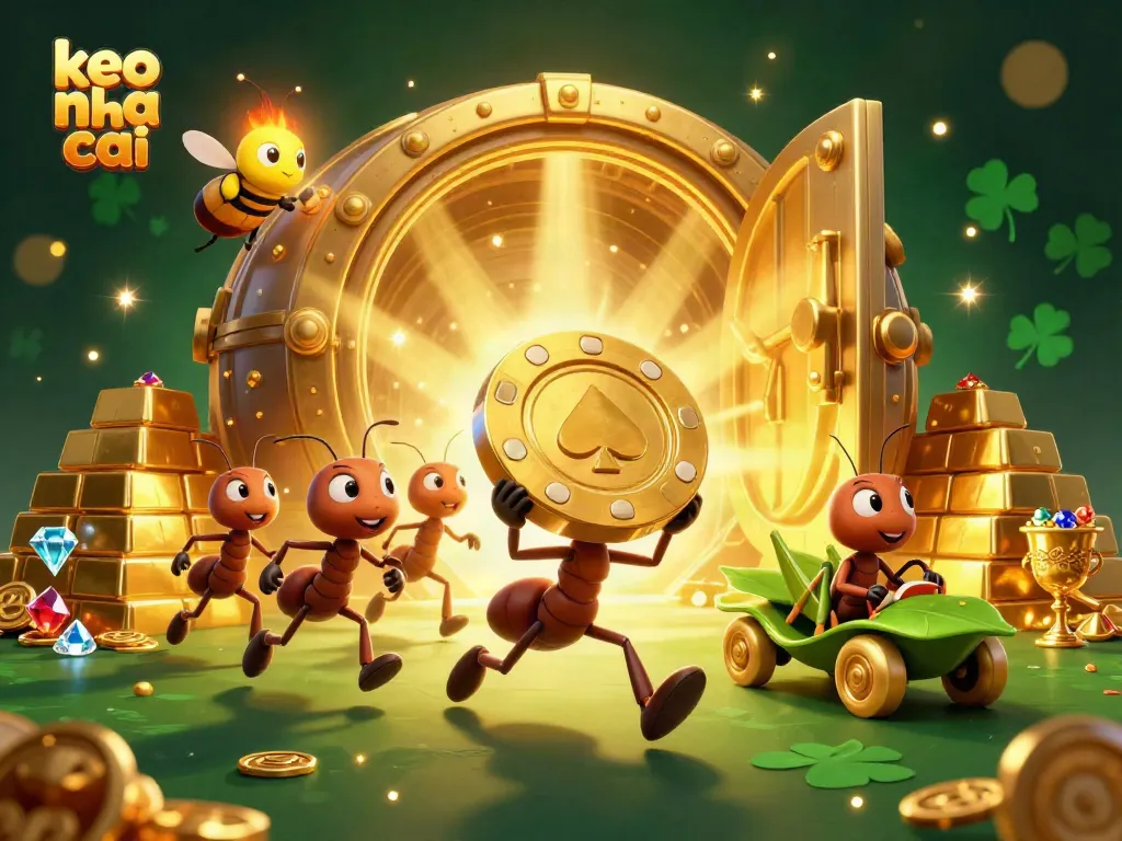 Join the keo nha cai heist with ants carrying a giant poker chip in a vibrant casino illustration
