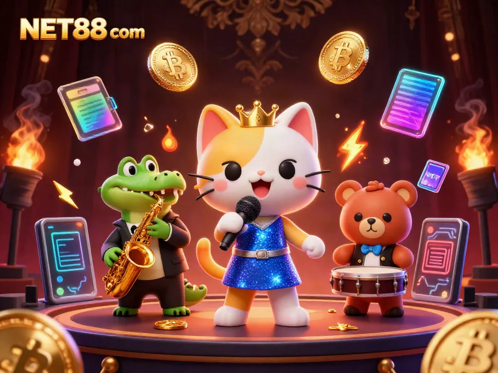 Experience dynamic gameplay at NET88 com with casino-themed cartoon characters in a vibrant scene.