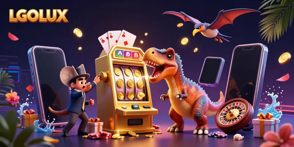 LGOLUX cartoon illustration with a dinosaur winning at a slot machine, showcasing gaming excitement.