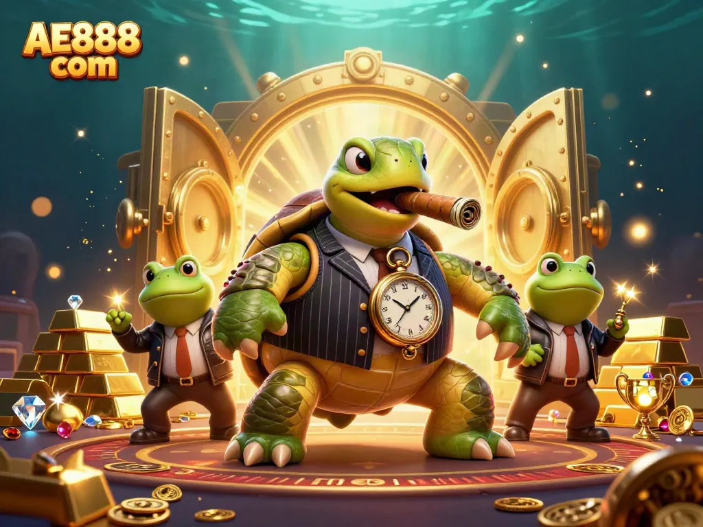 Win big at AE888 com with an exciting casino scene featuring unique characters and treasures.