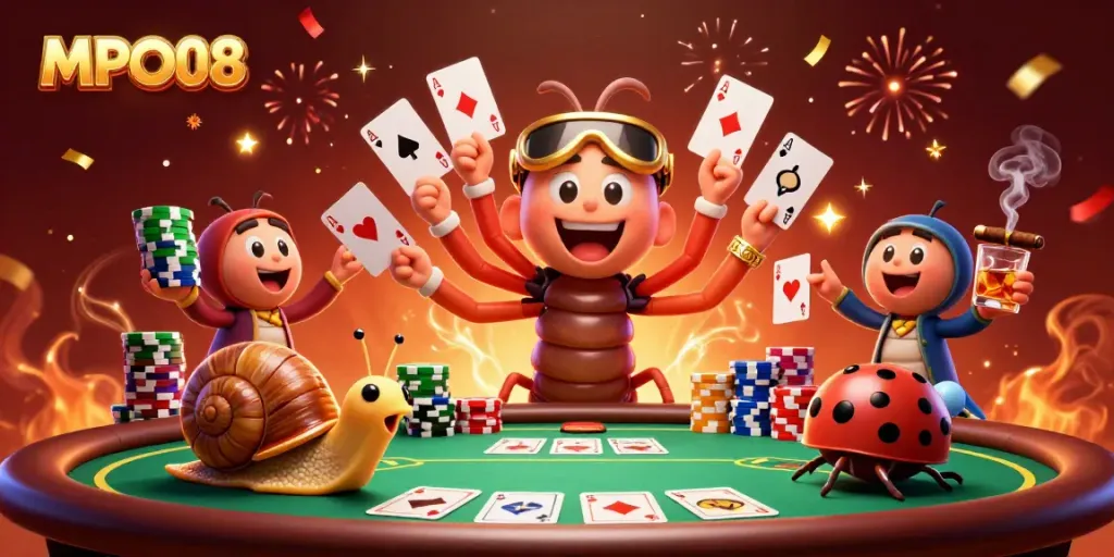 MPO08 engages players with a vibrant illustration of a cartoon dealer and high-roller in action.
