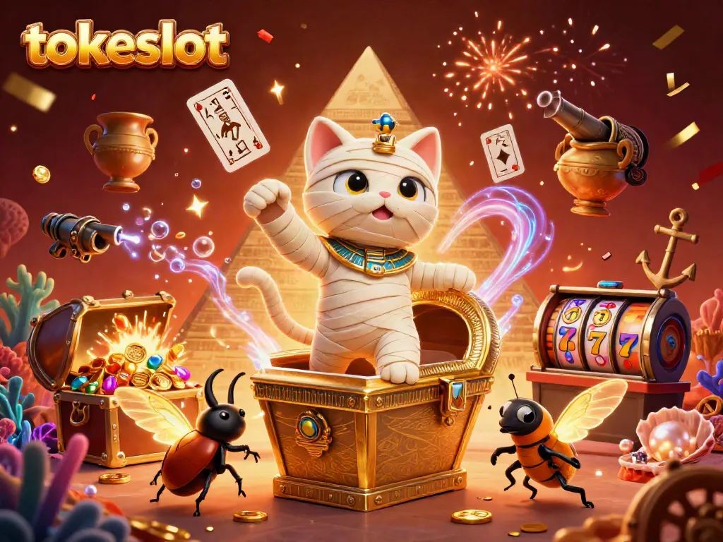 Enjoy thrilling gameplay at Tokeslot featuring an Egyptian mummy cat and exciting slot elements.
