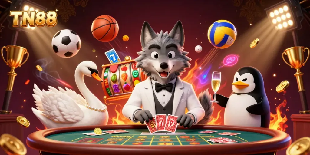 Experience high-stakes gaming with TN88 in this dynamic casino illustration featuring slots, cards, and fun.