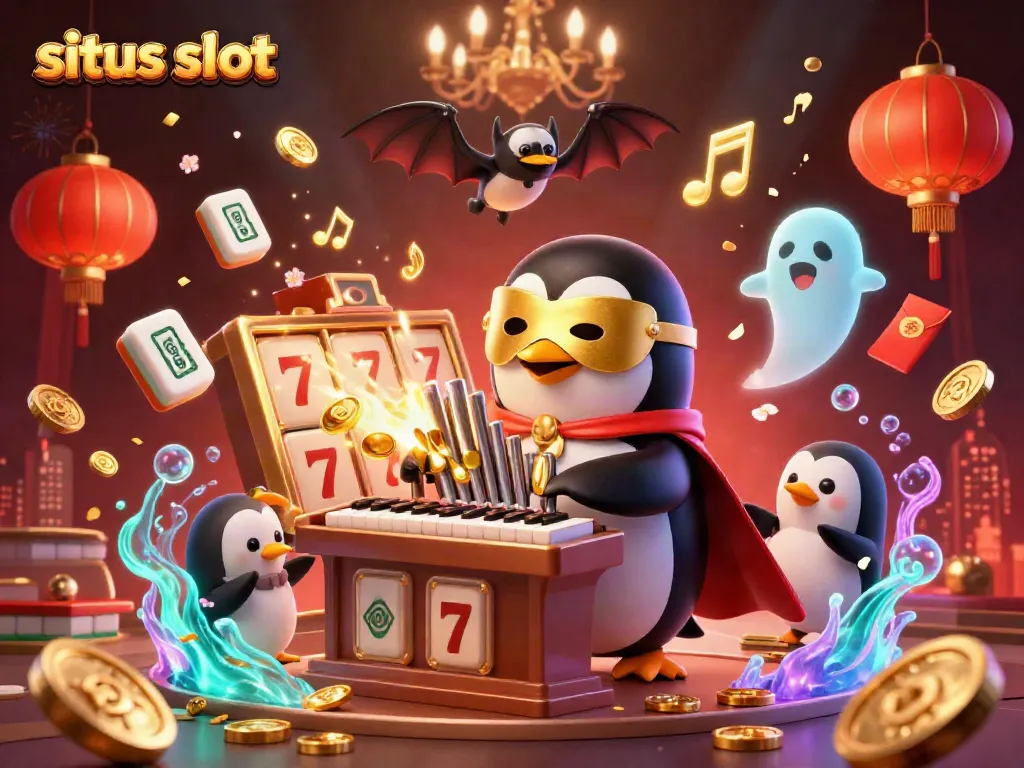 Engage with situs slot excitement as a penguin plays an organ shooting coins in a vibrant casino scene.