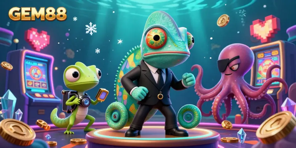 Experience the excitement of GEM88 with vibrant characters and dynamic casino elements in 3D.