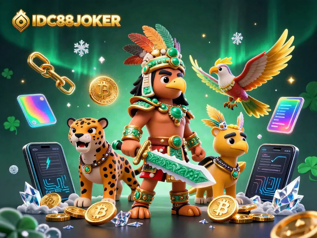 Experience the excitement of IDC88JOKER with stunning visuals of an Aztec warrior amidst vibrant casino elements.