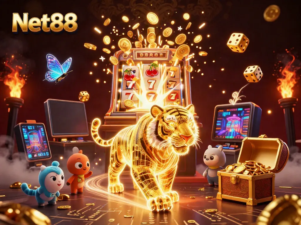Experience exciting gameplay at Net88, with a dynamic casino scene featuring a lively golden tiger and a jackpot explosion.