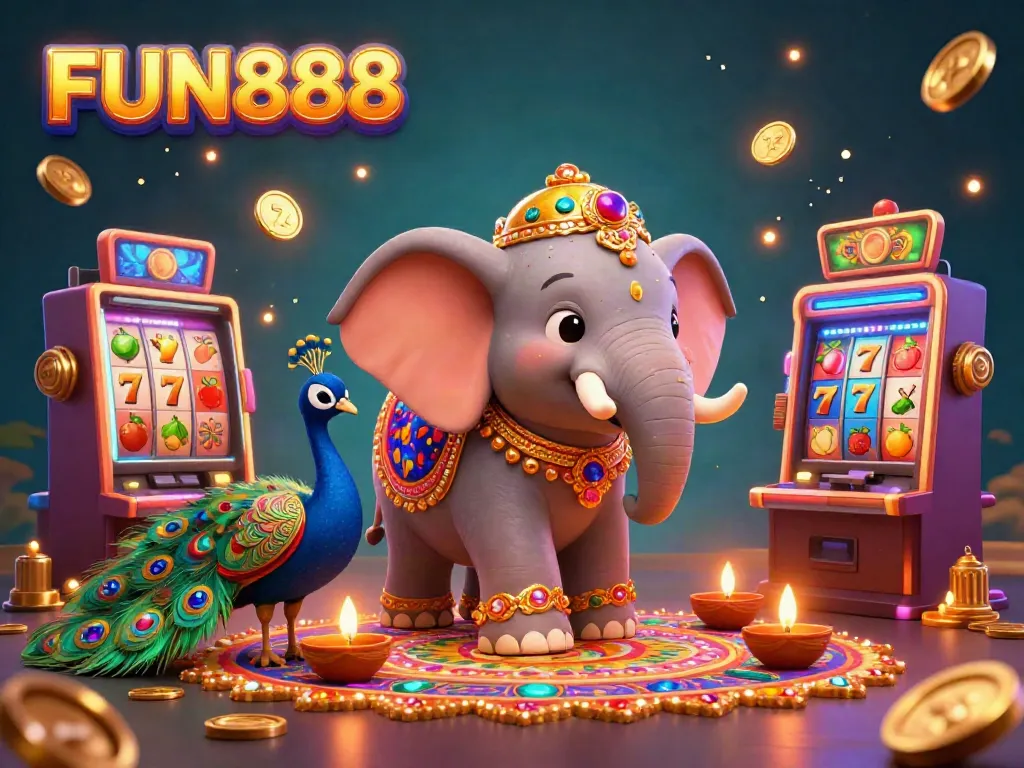 Play exhilarating casino games at FUN888 with rich visuals of vibrant slot reels and sparkling elements.