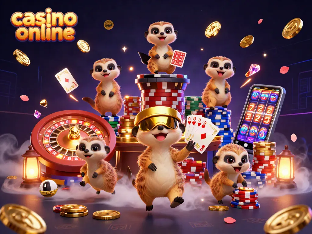Casino online: ilustración de un casino animado con suricatas, ruleta y monedas voladoras