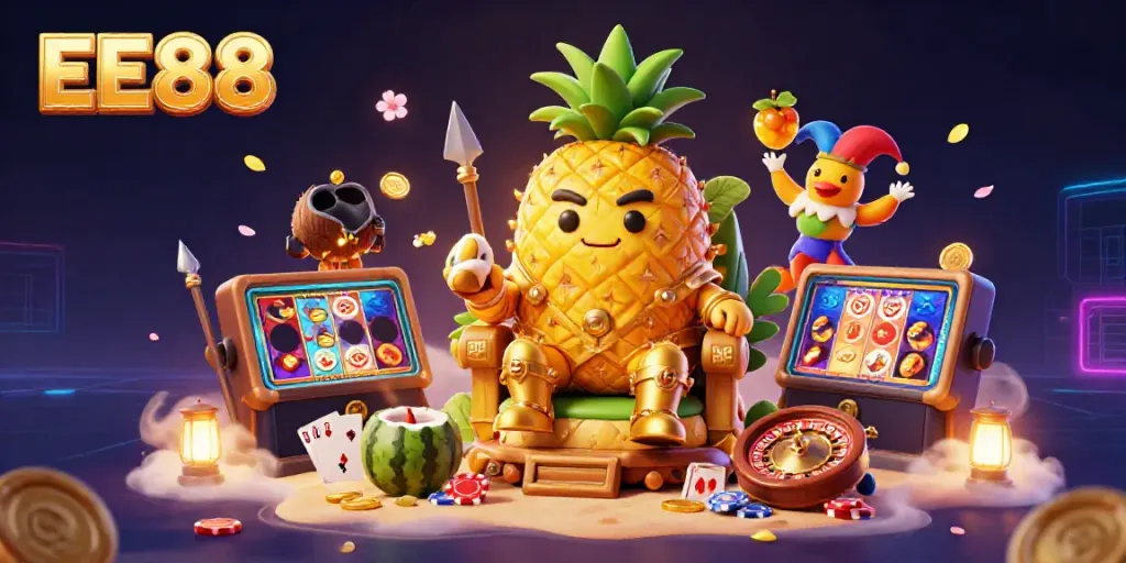EE88 engages players with a vibrant 3D casino scene showcasing a pineapple king and gaming action.