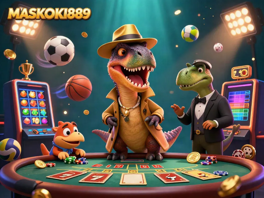 Win big at MASKOKI889 with a lively casino scene featuring a velociraptor card counter and a stegosaurus pit boss.