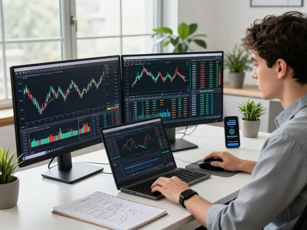 Trader utilizando Immediate Edge para analizar datos del mercado en una oficina moderna.