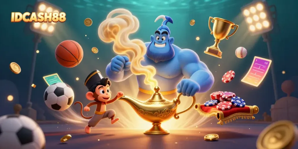 Experience the exciting world of IDCASH88 with a magical scene featuring a genie and Aladdin-style elements.