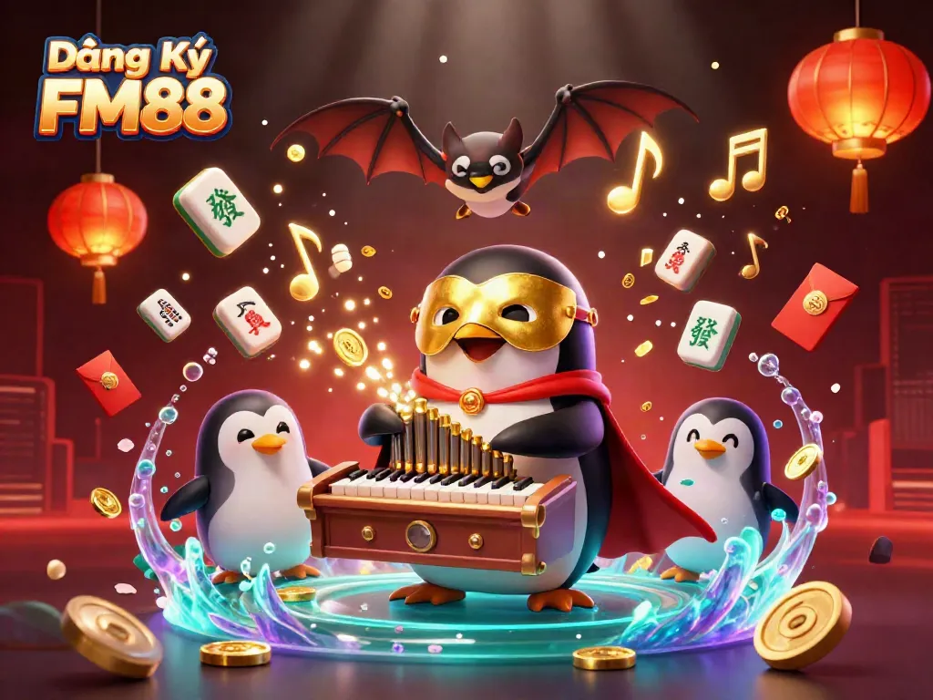Engage in Đăng Ký FM88 and experience a vibrant casino scene with gold coins, musical notes, and festive elements.