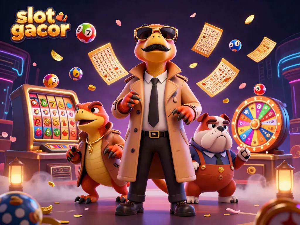 Three raptors in a trench coat enter a VIP casino lounge amidst colorful slot elements, embodying the 'slot gacor' experience.