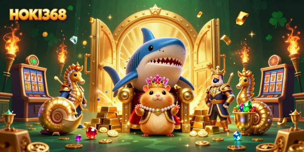 Experience the excitement at HOKI368 with a vibrant casino scene featuring a golden hamster king and treasure.