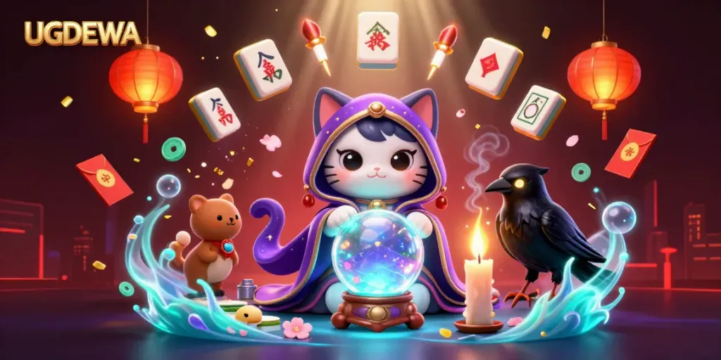 Engage with UGDEWA's vibrant casino atmosphere featuring a mystic cat, raven, and gambling elements.