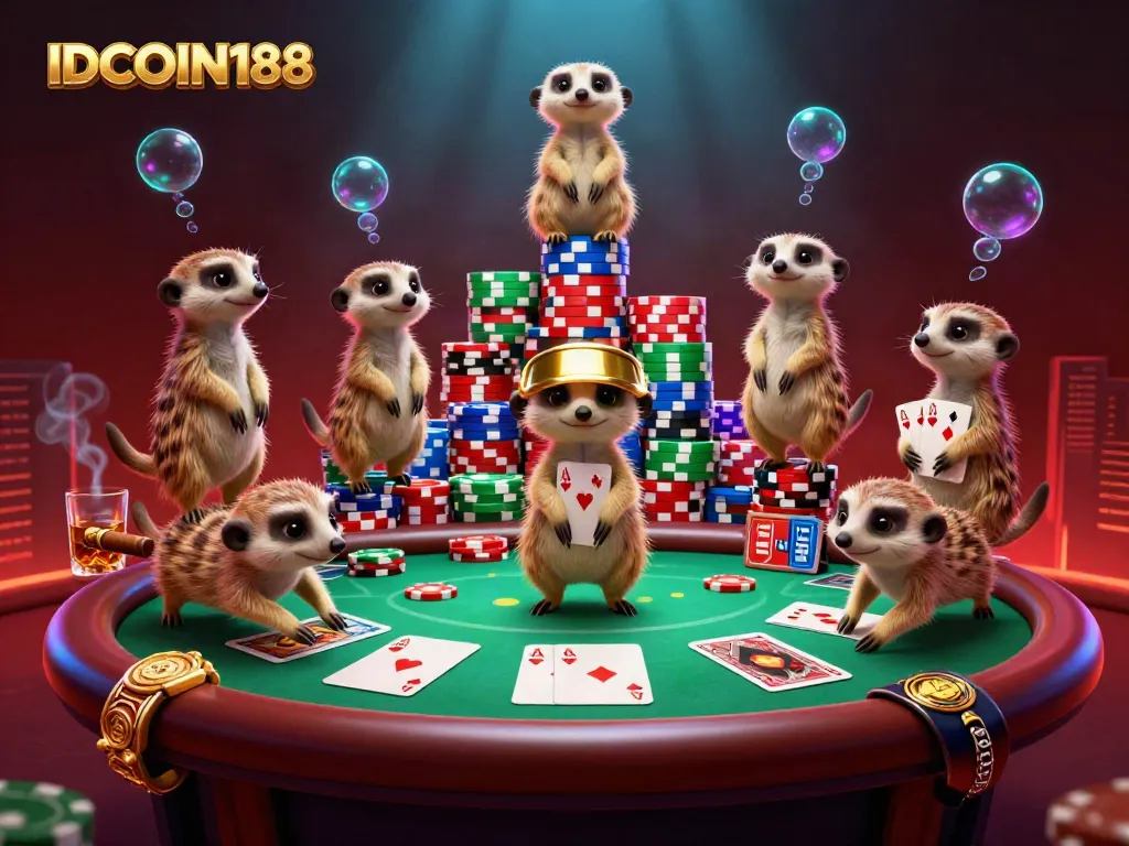 Engaging scene with IDCOIN188 meerkats managing a vibrant casino, showcasing poker elements and lively atmosphere.