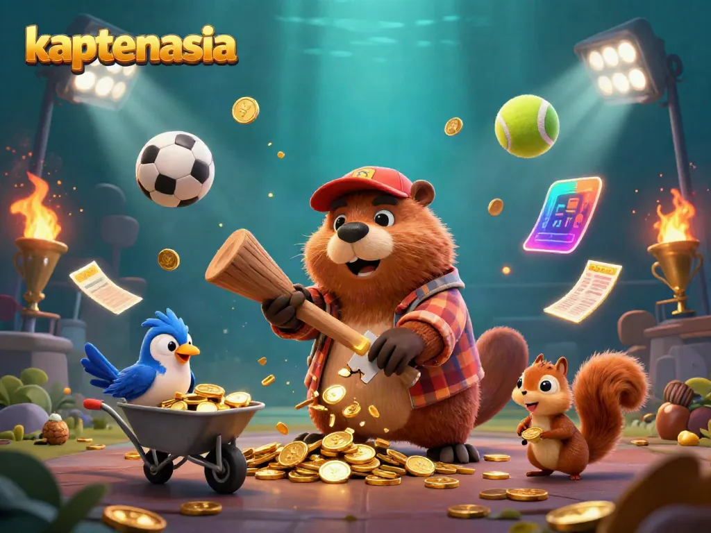 KAPTENASIA memberikan pengalaman bermain yang menyenangkan dengan ilustrasi berang-berang penggali koin emas dan karakter interaktif lainnya.