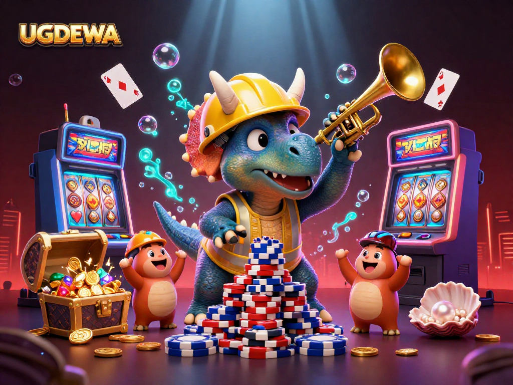 Join the excitement at UGDEWA, where a triceratops constructs poker chip towers amidst a vibrant casino-themed underwater world.