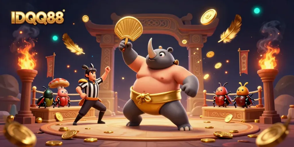 Experience the excitement at IDQQ88 with a dynamic illustration of a sumo beetle champion amidst gold coins.