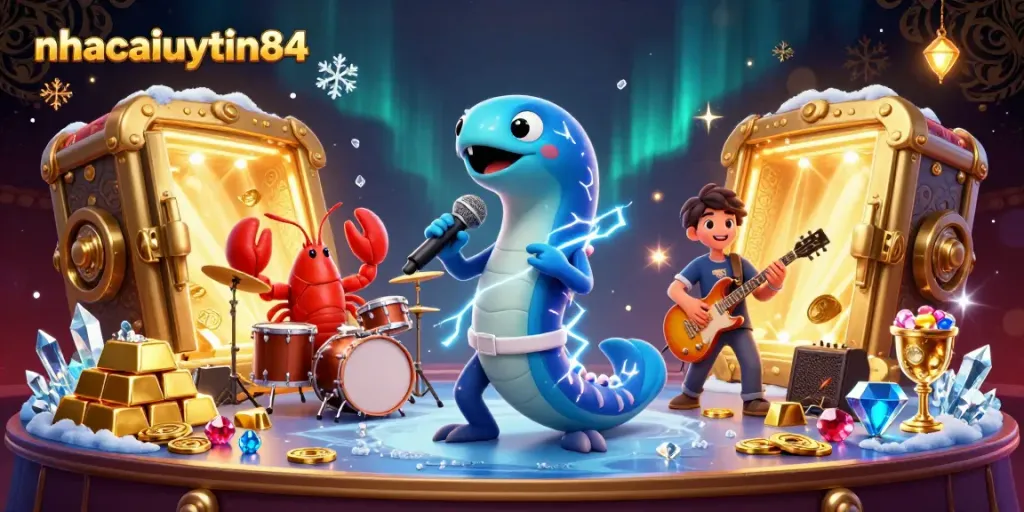 nhacaiuytin84 features a vibrant underwater casino scene with characters performing amidst splendid treasures.