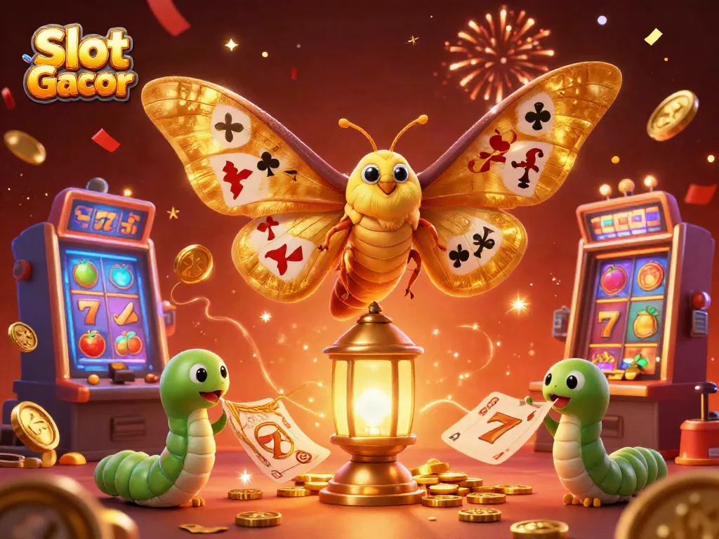 Engage with Slot Gacor's captivating scene of a flamboyant moth illuminating a vibrant casino filled with whimsical slot machine elements.