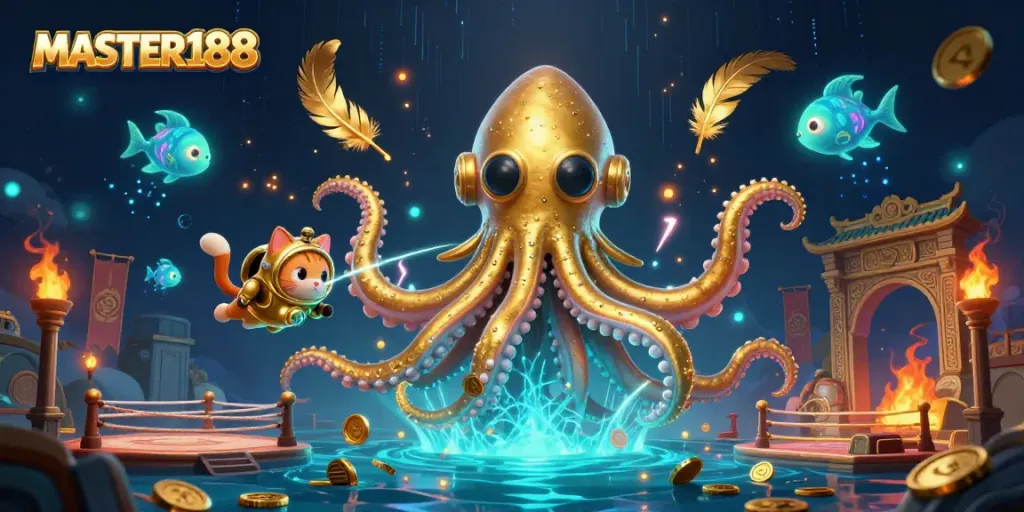 Experience thrilling gameplay with MASTER188's 3D illustration featuring a kraken and vintage diving cat.