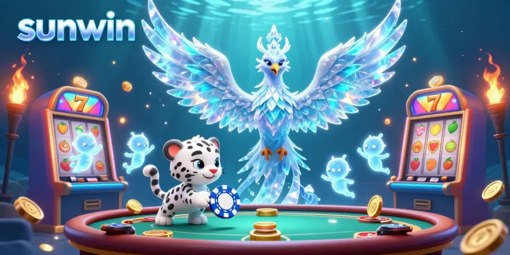 Engage with sunwin's dazzling casino experience featuring a colorful ice phoenix and vibrant slot machines.