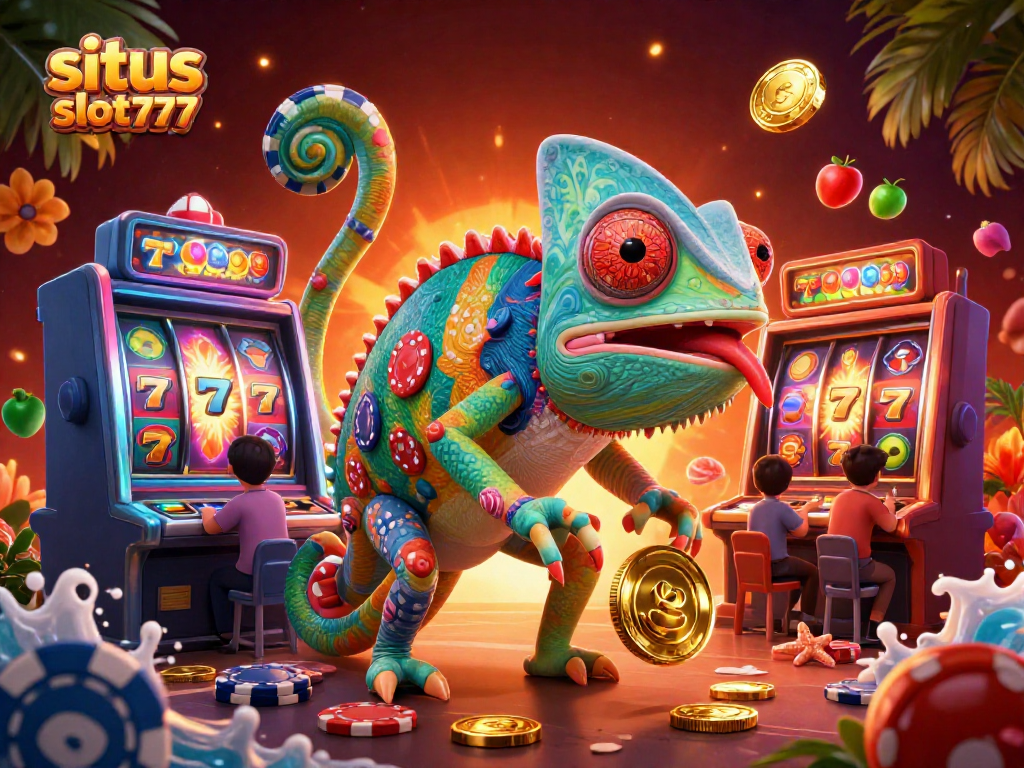 Experience thrill at situs slot777 with colorful 3D casino illustration of chameleon and slot elements.