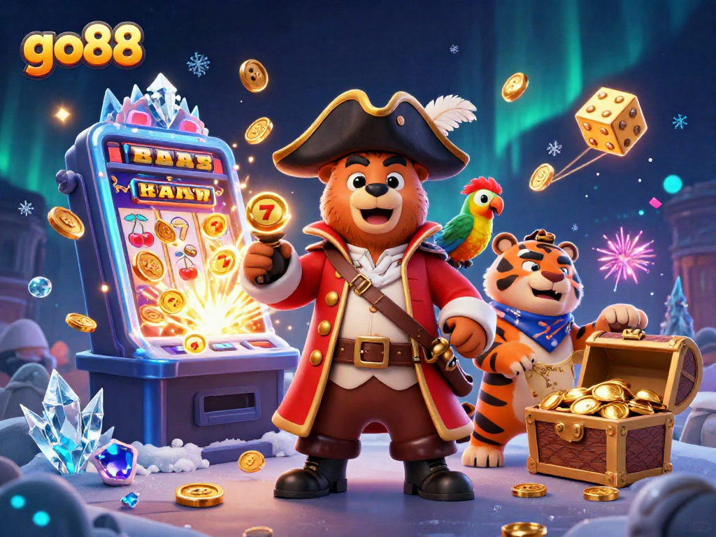 Experience the excitement at go88 with an adventurous pirate-themed 3D casino scene.