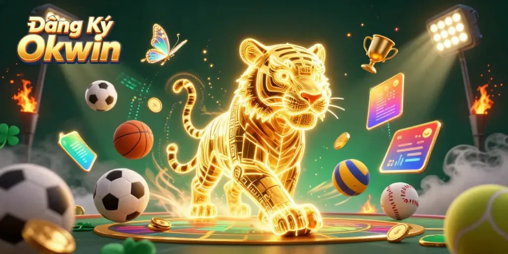 Experience the excitement of Đăng Ký Okwin in a vibrant casino scene filled with sports balls and a neon tiger.