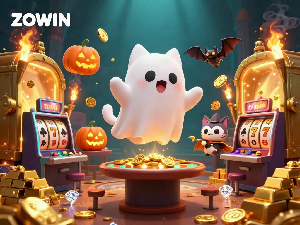 ZOWIN's ghost cat and bat navigate a vibrant, sparkling casino adorned with jackpots and glowing treasures.