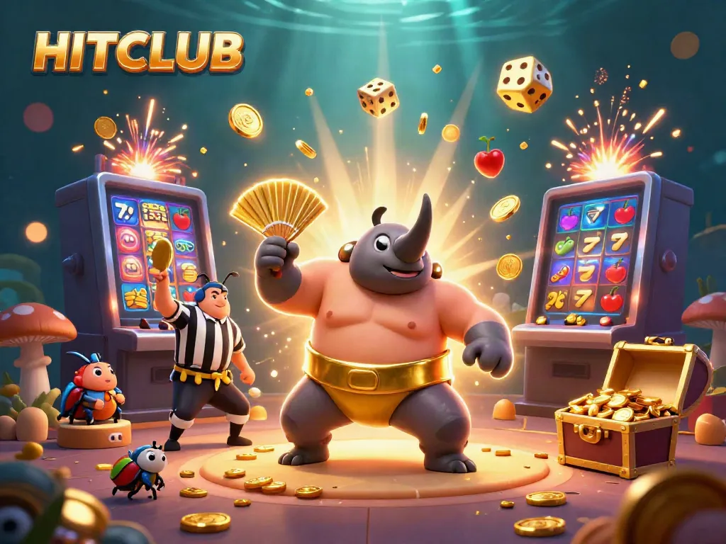HITCLUB engaging in a vibrant casino atmosphere with cartoon characters and dynamic game elements.