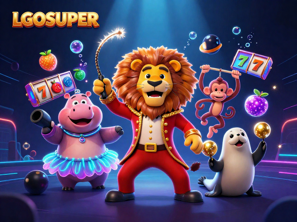 Engage with exciting slot games at LGOSUPER, featuring vibrant characters, slot reels, and dynamic elements.