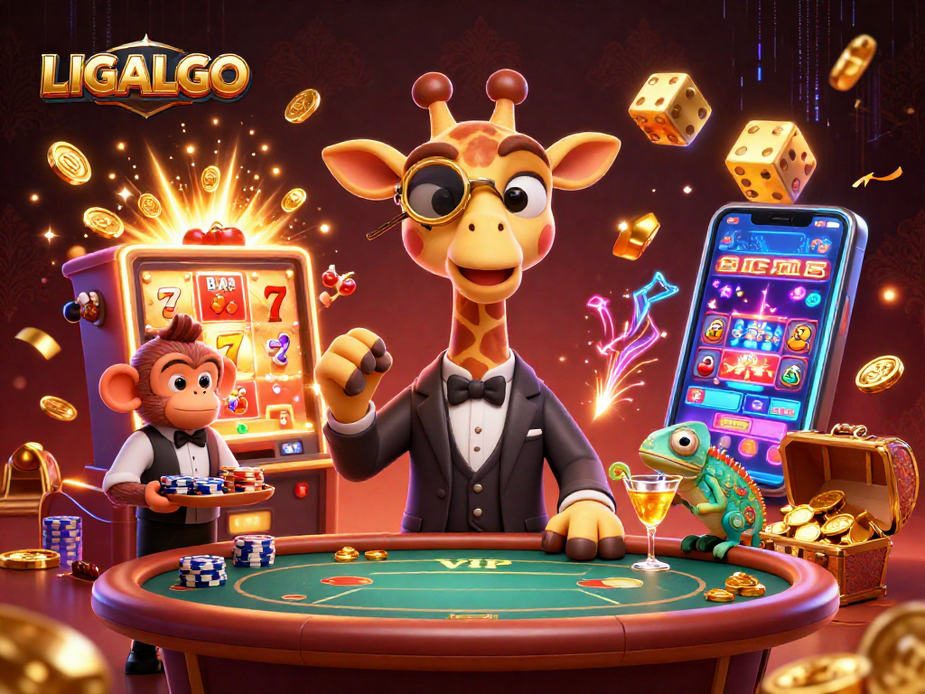 LIGALGO platform showcases exciting gambling moments with a high-roller giraffe, monkey valet, and chameleon bartender