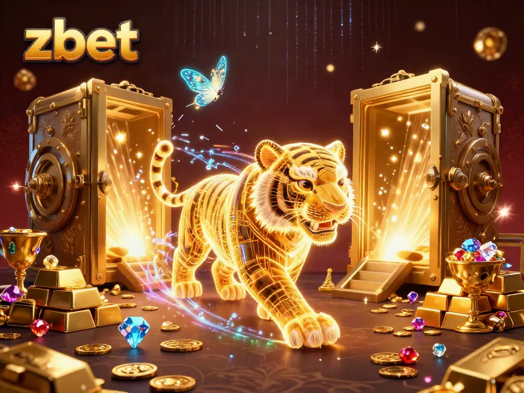 ZBET showcases a vibrant casino atmosphere featuring a glowing golden tiger amidst wealth and digital energy.