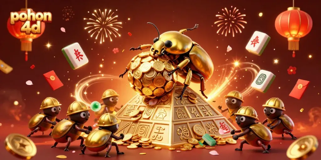 Experience thrilling gameplay with pohon 4d in a vibrant 3D casino illustration showcasing stacked symbols and festive elements.