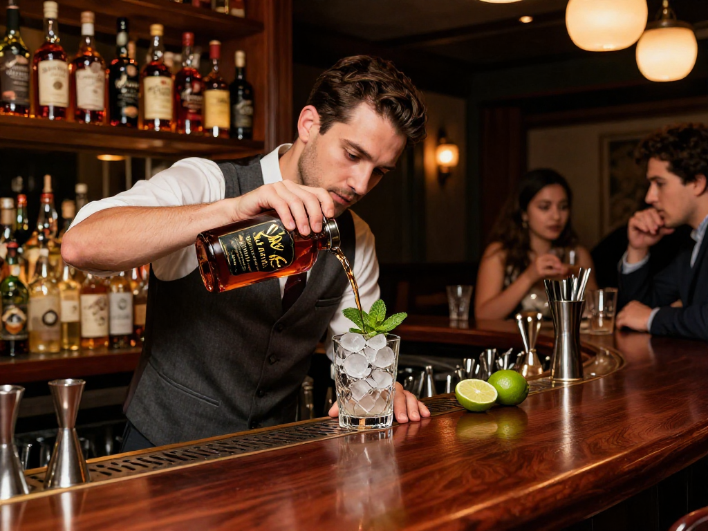 Weller Antique 107 Bourbon cocktail being prepared in an elegant bar setting with warm lighting and vintage bottles.