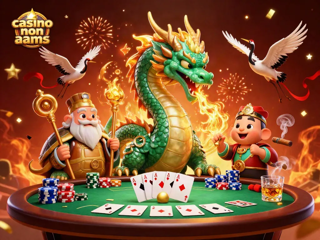 Giocare ai casino non AAMS con un drago di giada e un saggio in un'illustrazione vivace.