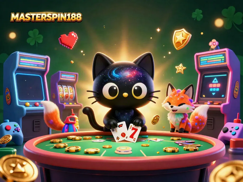 Engage with the universe of gaming at MASTERSPIN188, featuring a cosmic casino scene with imaginative characters.