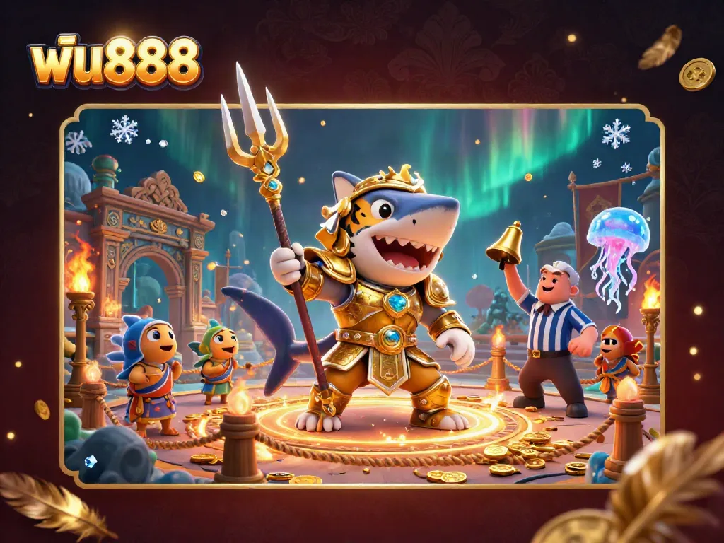 Engage in thrilling gameplay at ฟัน888 with dynamic underwater casino elements and vibrant characters.