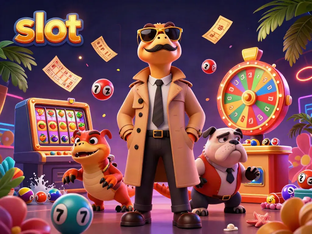 Three raptors in disguise outside a casino, surrounded by colorful slot elements and lottery balls, capturing the exciting gambling vibe.