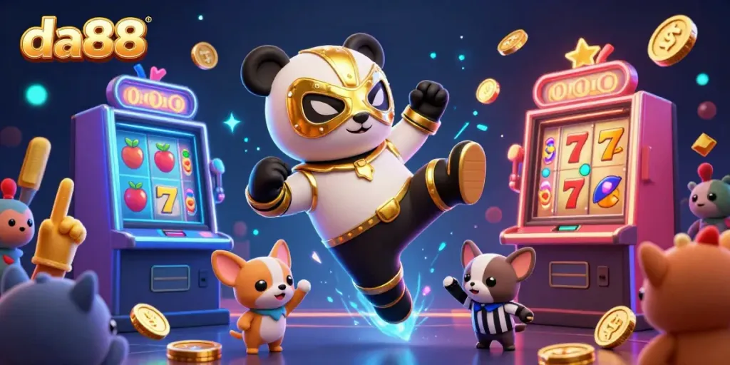 Engaging scene showcasing da88 with a panda wrestler and chihuahua referee amid colorful slot machines and cheering animal spectators.