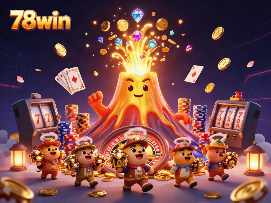 Experience thrilling wins with 78win casino, featuring a vibrant 3D eruption of coins and treasures.