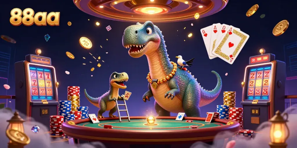Experience dynamic gaming action with the 88aa brontosaurus and raptor dealer in a vibrant casino setting.