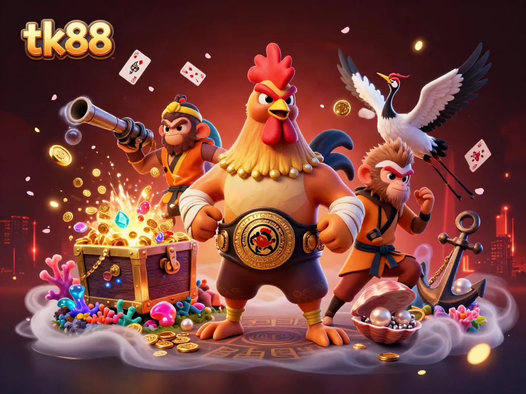 Experience vibrant 3D action with tk88 featuring a Muay Thai rooster, Shaolin monkey, and crane master in a rich casino scene.