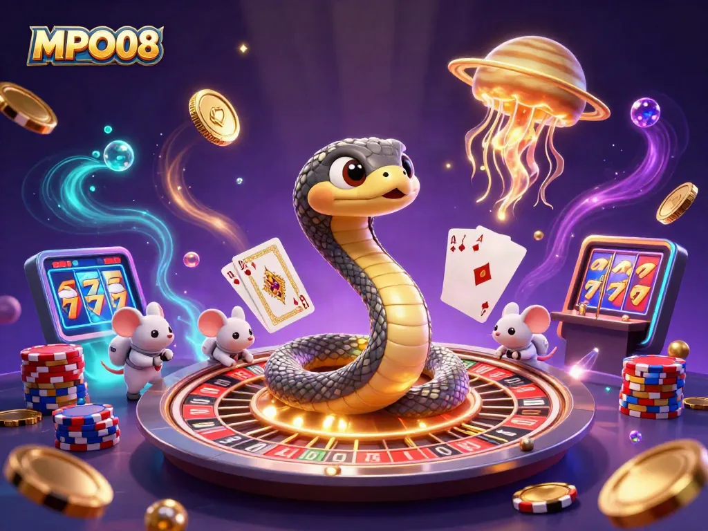 MPO08 captures the excitement of gaming in a vibrant cosmic casino scene with astronaut mice and a golden jellyfish dealer.